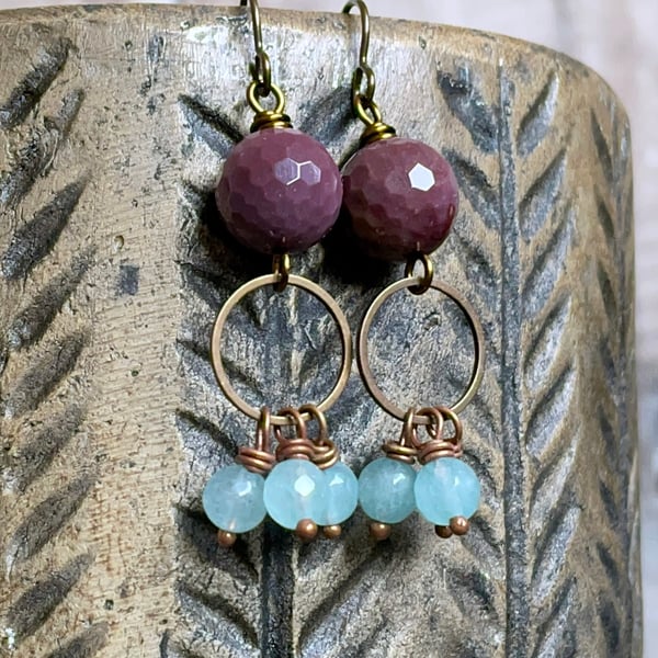 Mookaite Semi Precious Earrings – Bohemian Cluster Earrings in Purple & Blue 