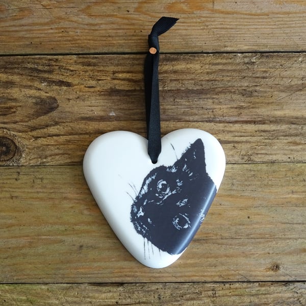 Black Cat Heart Decoration - ceramic, cute cat, Christmas bauble, Xmas