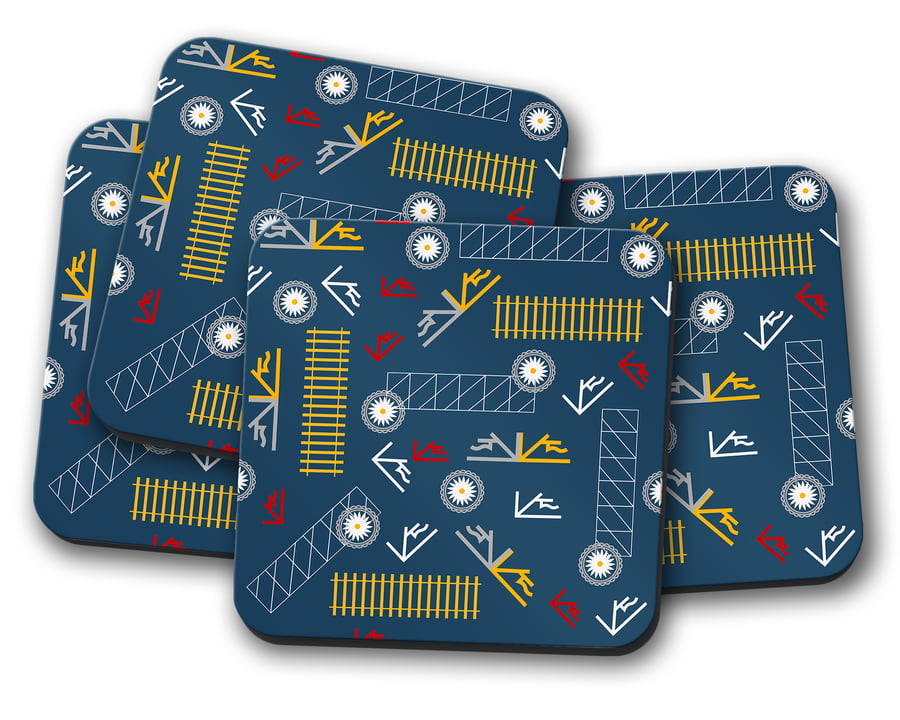 Set of 4 Blue Railway Inspired Design Coasters