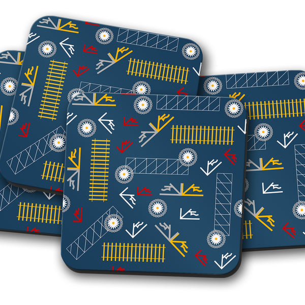 Set of 4 Blue Railway Inspired Design Coasters