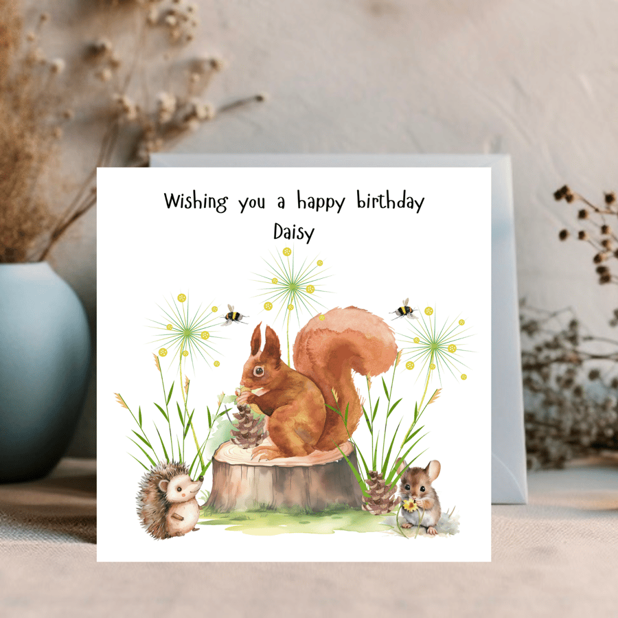 Cute woodland animal card, personalise with your own details.