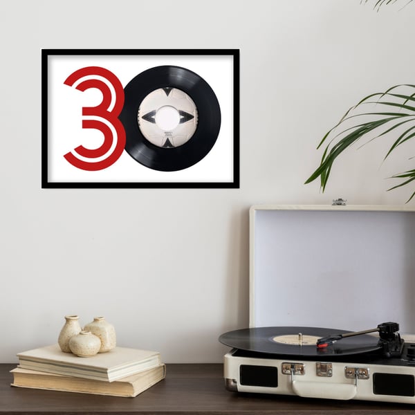 A4 framed 'Three Lions' vinyl record with '30' graphic