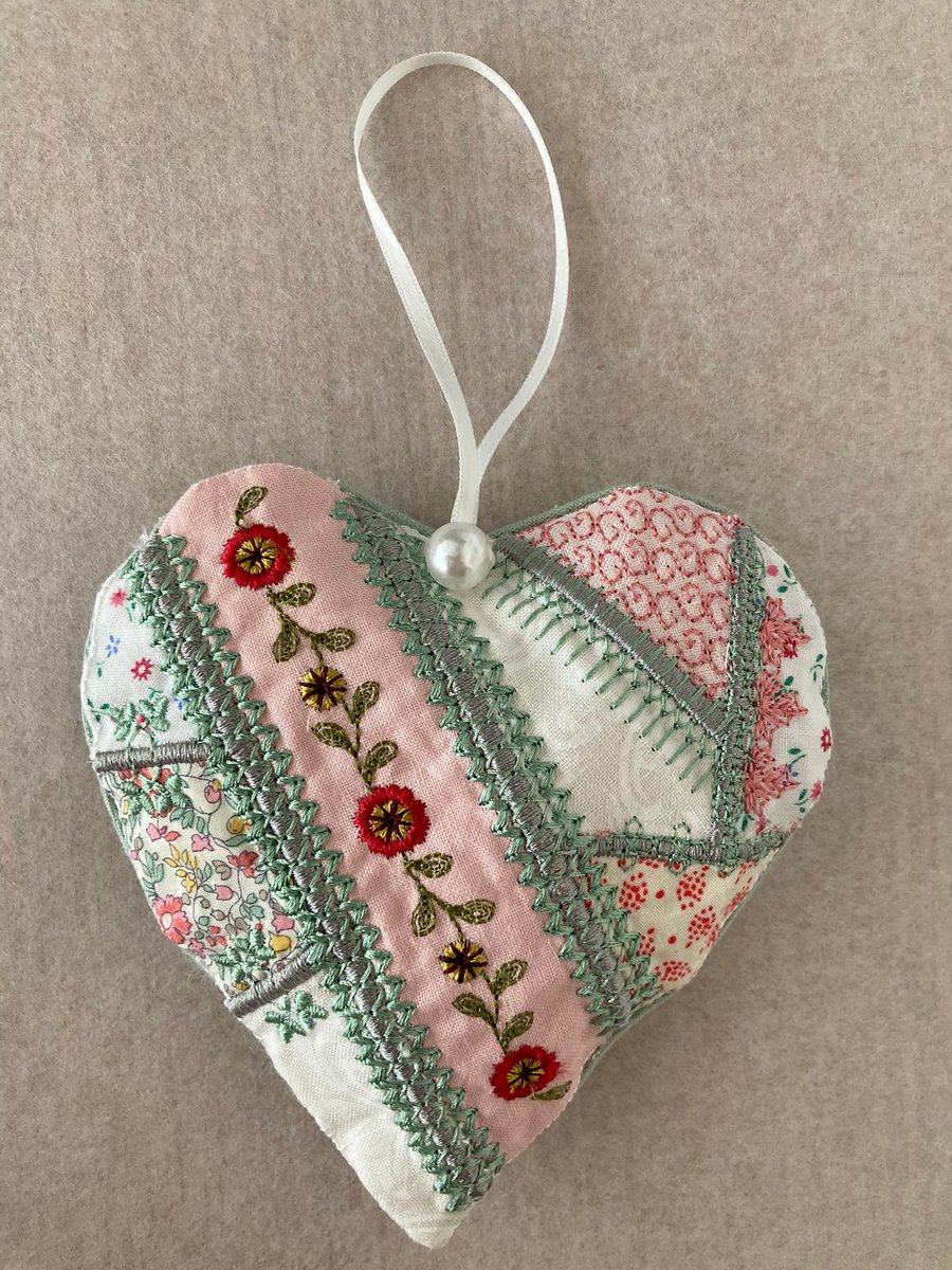 Hanging  heart, embroidered patchwork hanging decoration