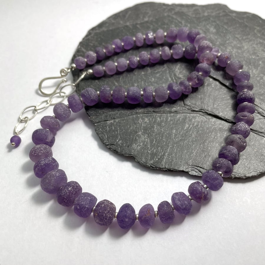 SALE Amethyst and silver necklace hand cut frosted beads