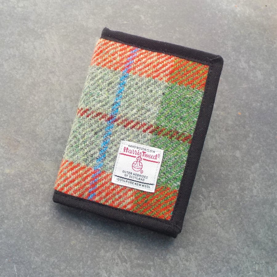 Harris tweed fabric wallet brick red and turquoise green tartan gifts for men