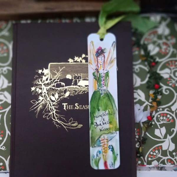 Hand drawn and painted book mark with silk trim 'fairy 