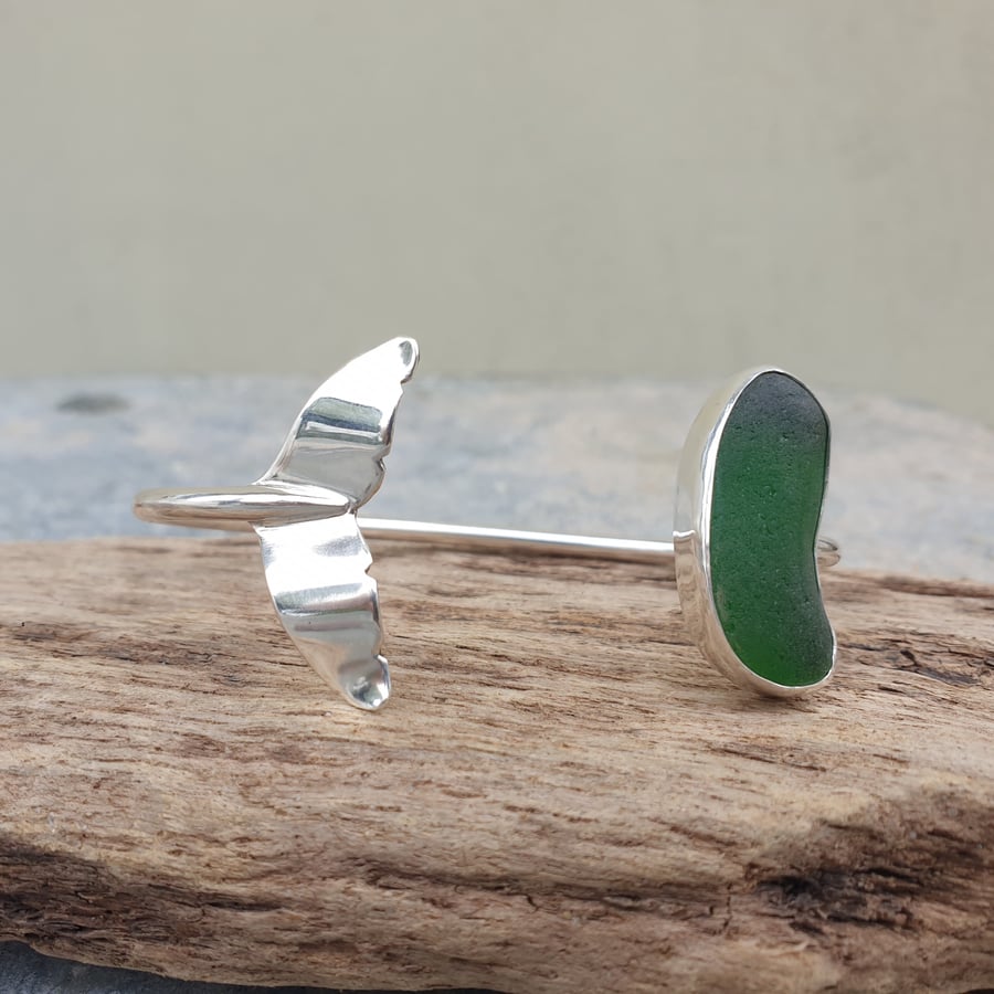 Sterling silver whale tail and seaglass bangle