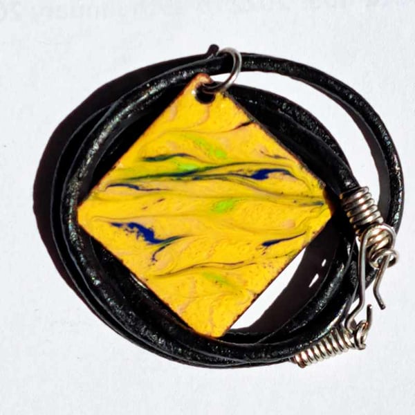 enamel pendant on thong - square: scrolled blue and pale green on yellow