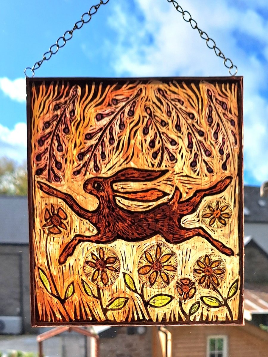 HARE WINDOW PANEL WALL HANGING. HAND PAINTED HARE. 9 x 8 inches.