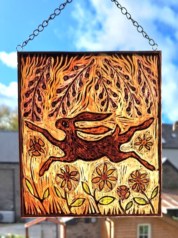 HARE WINDOW PANEL WALL HANGING. HAND PAINTED HARE. 9 x 8 inches.