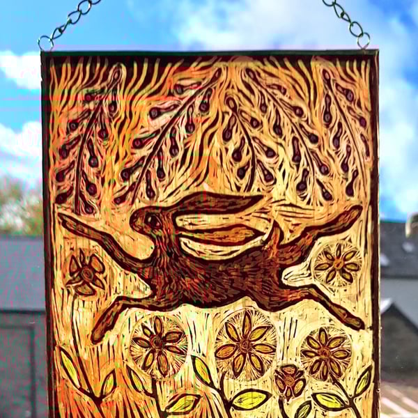 HARE WINDOW PANEL WALL HANGING. HAND PAINTED HARE. 9 x 8 inches.