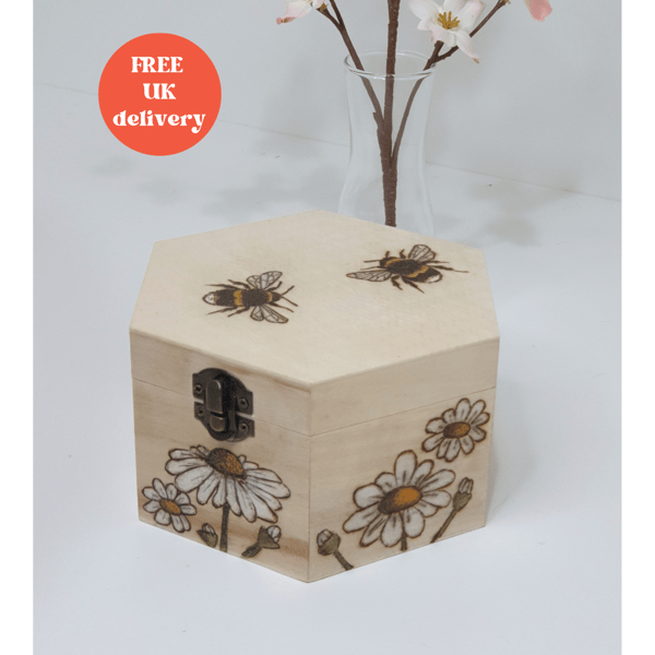 Wooden box, pyrography bees and daisies design, gift for a nature lover 