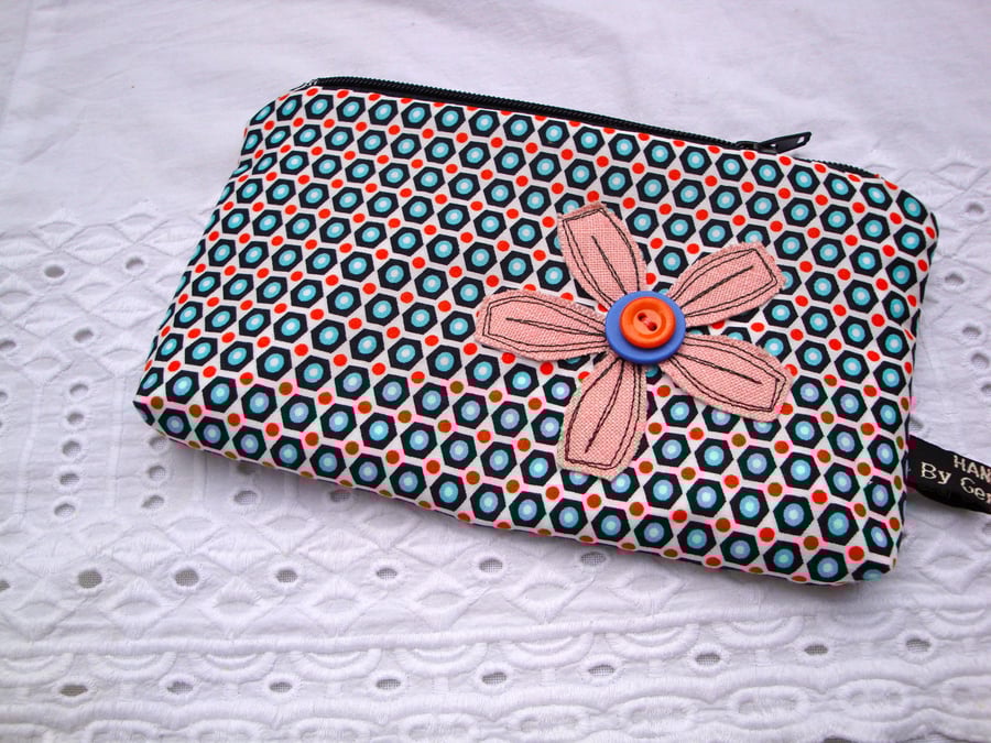 SALE Cotton Pencil case - appliquéd flower - make up bag .