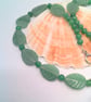 Green Flower Pattern Glass Rectangle on a Leaf & Round Bead Necklace & Earrings  - Image 3