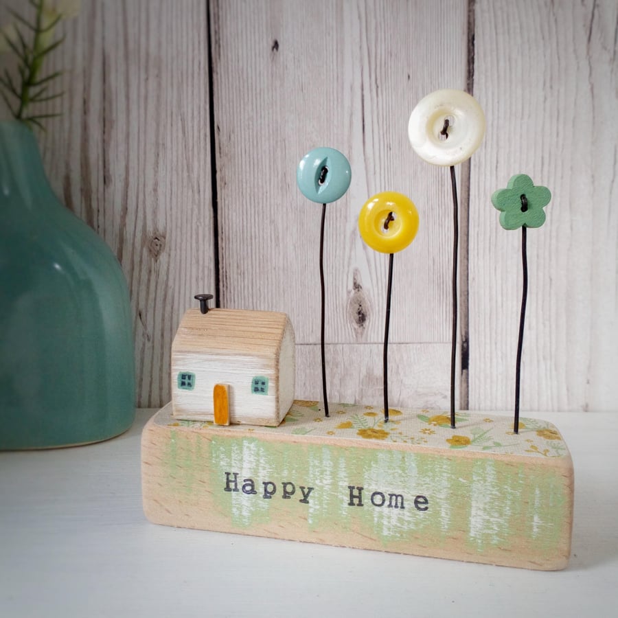 Little Wooden House with Button Flower Garden 'Happy Home'