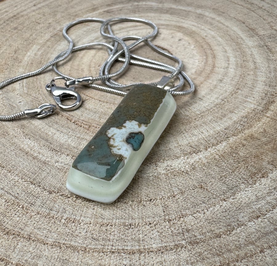 A Beautiful Handmade Cream, Bronze and Blue Fused Glass Pendant 