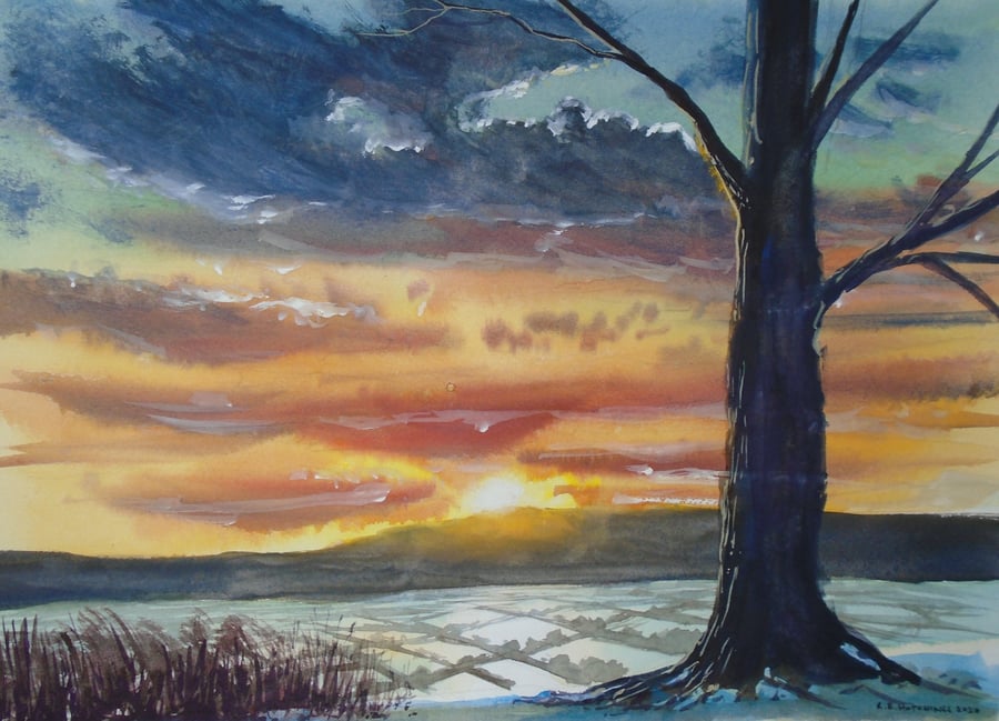 Winter light (PURE ORIGINAL WATERCOLOUR) Fully mounted 14" x 11"