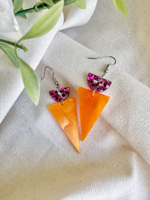 Summer Orange Shimmer Triangle Earrings - Pink Glitter Geometric Drops