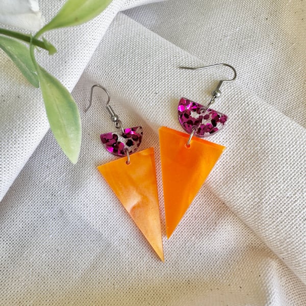 Summer Orange Shimmer Triangle Earrings - Pink Glitter Geometric Drops