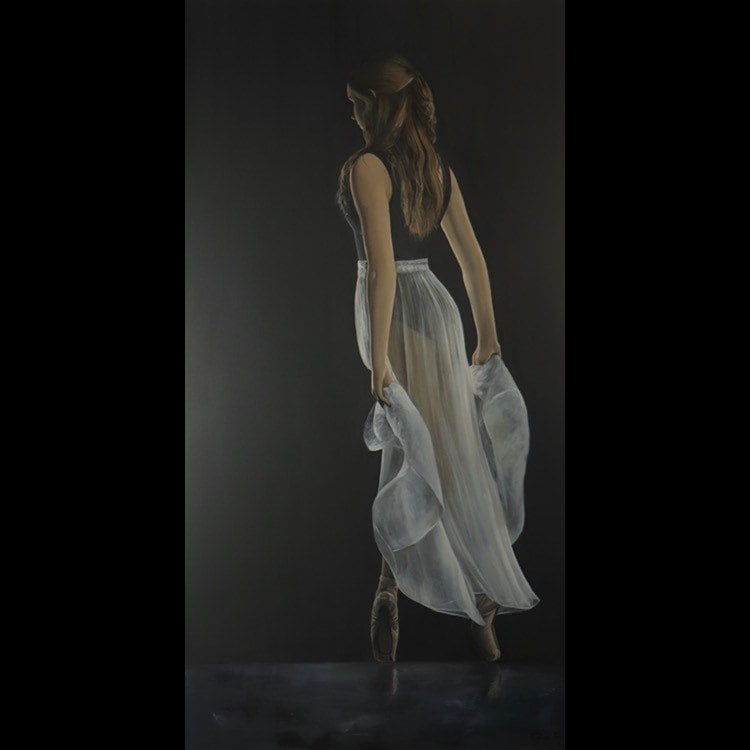 On Pointe, Ballerina Walking Away, Ballet Shoes Painting, Framed Figurative Oil 