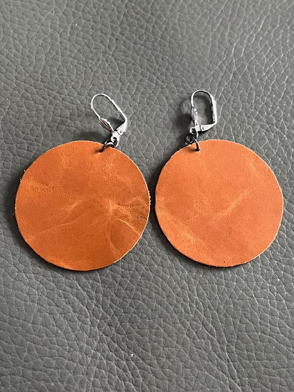 Camel Brown Leather Circle Earrings - Boho Lightweight Leather Earrings 