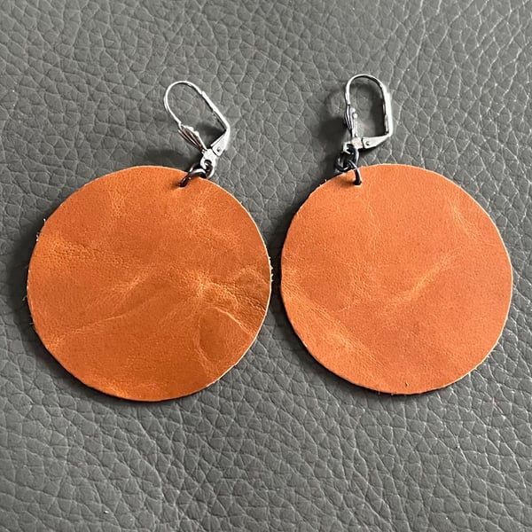 Camel Brown Leather Circle Earrings - Boho Lightweight Leather Earrings 