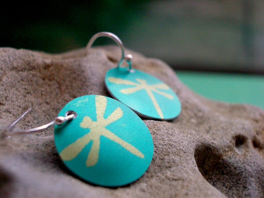 Dragonfly printed earrings in green and gold