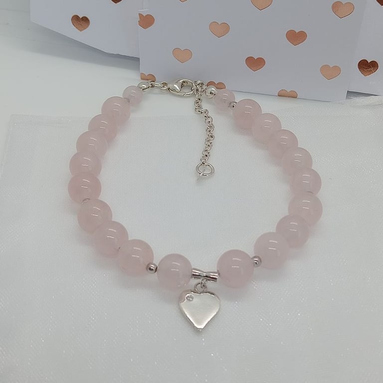 Rose Quartz gemstone bracelet Love heart Charm cubic zirconia valentines gift