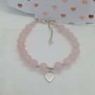 Rose Quartz gemstone bracelet Love heart Charm cubic zirconia valentines gift