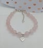 Rose Quartz gemstone bracelet Love heart Charm cubic zirconia valentines gift