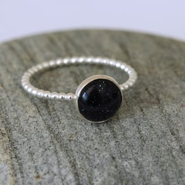 Sterling Silver Beaded Ring with Blue Goldstone, size O