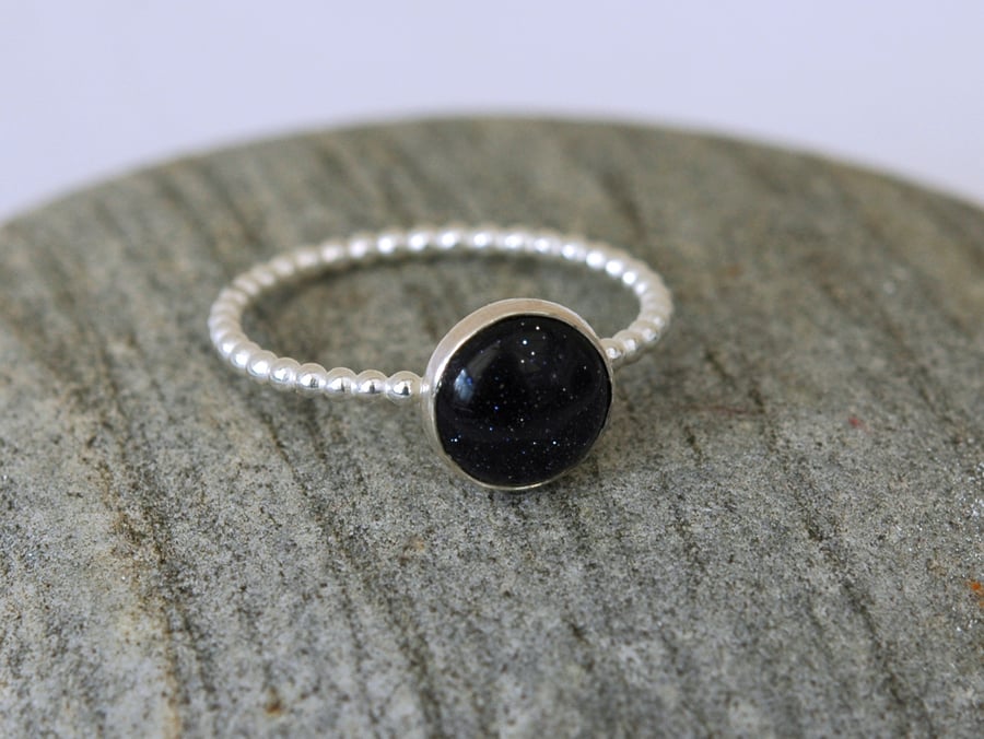 Sterling Silver Beaded Ring with Blue Goldstone, size O