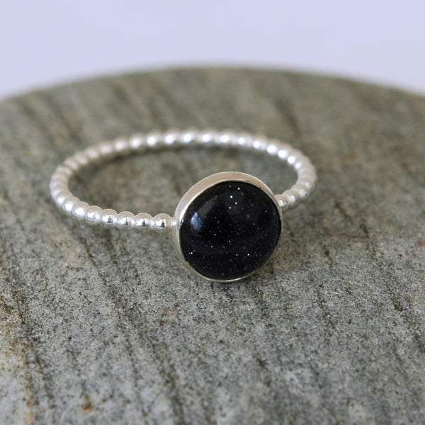 Sterling Silver Beaded Ring with Blue Goldstone, size O