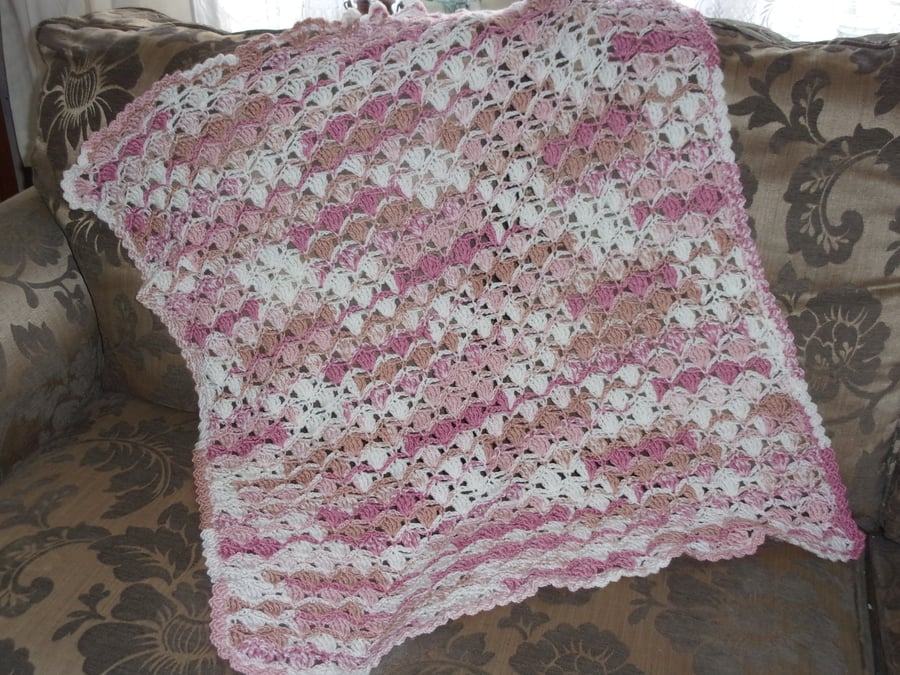 NEW LOWER PRICE - Crochet Cot size blanket In Random Pink and White