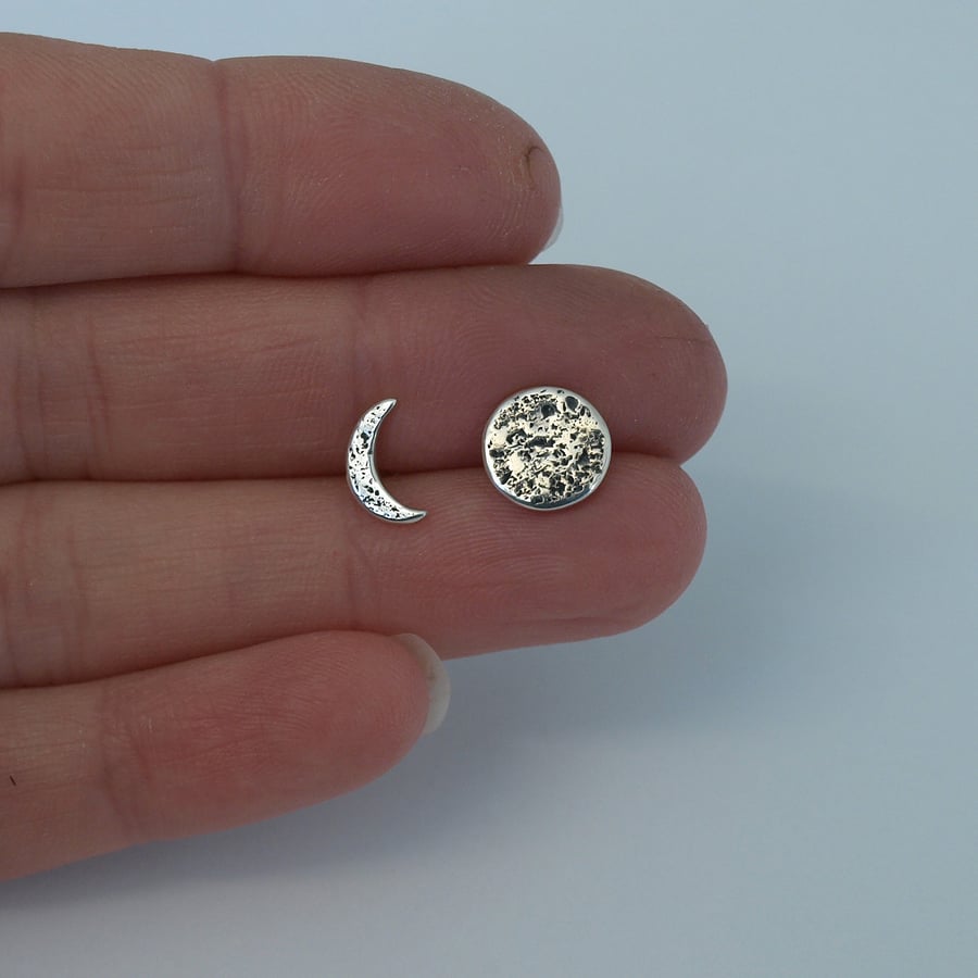 Sterling Silver Moon Studs, Mismatched Stud Earrings, Asymmetric earrings