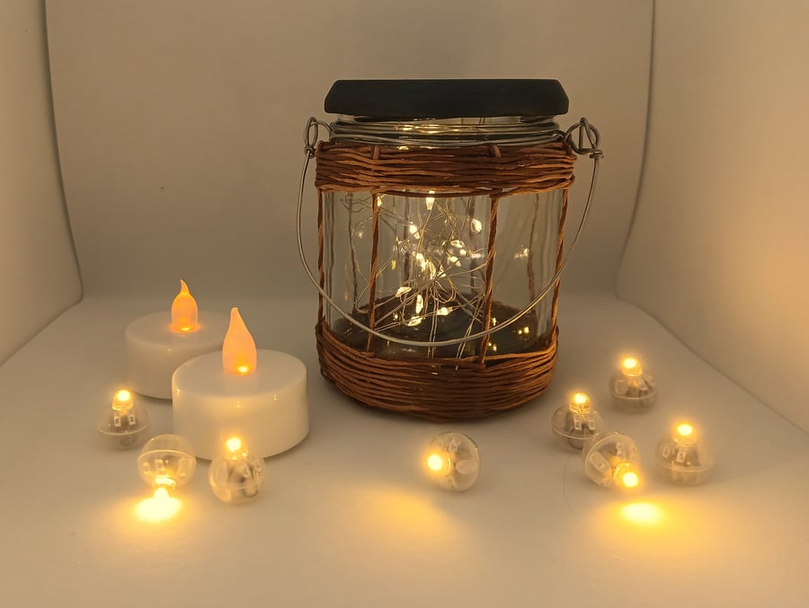 Rustic, Upcycled Glass Jar Lantern with Fairy Lights (Two-tone weave)