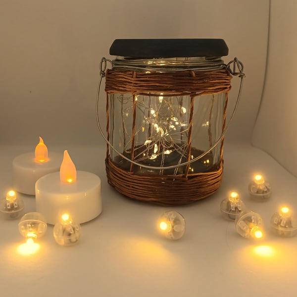 Rustic, Upcycled Glass Jar Lantern with Fairy Lights (Two-tone weave)