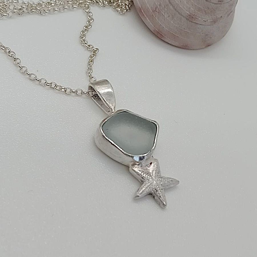 Sea glass with starfish pendant sterling silver bluey gray natural sea tumbled