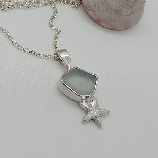 Sea glass with starfish pendant sterling silver bluey gray natural sea tumbled