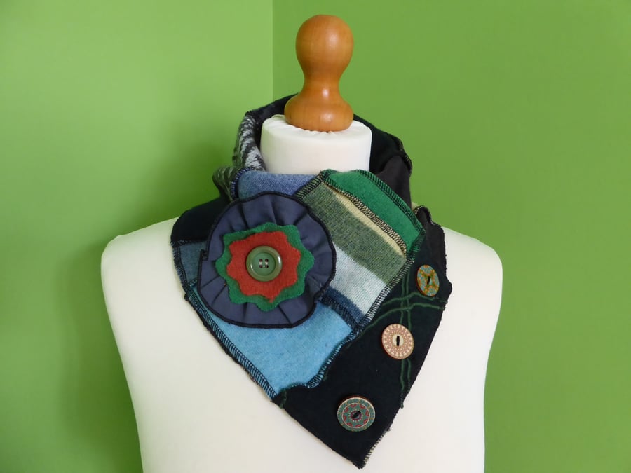 Neck Warmer Scarf with 3 button Trim. Upcycled Cowl. Felt Flower. Greens.