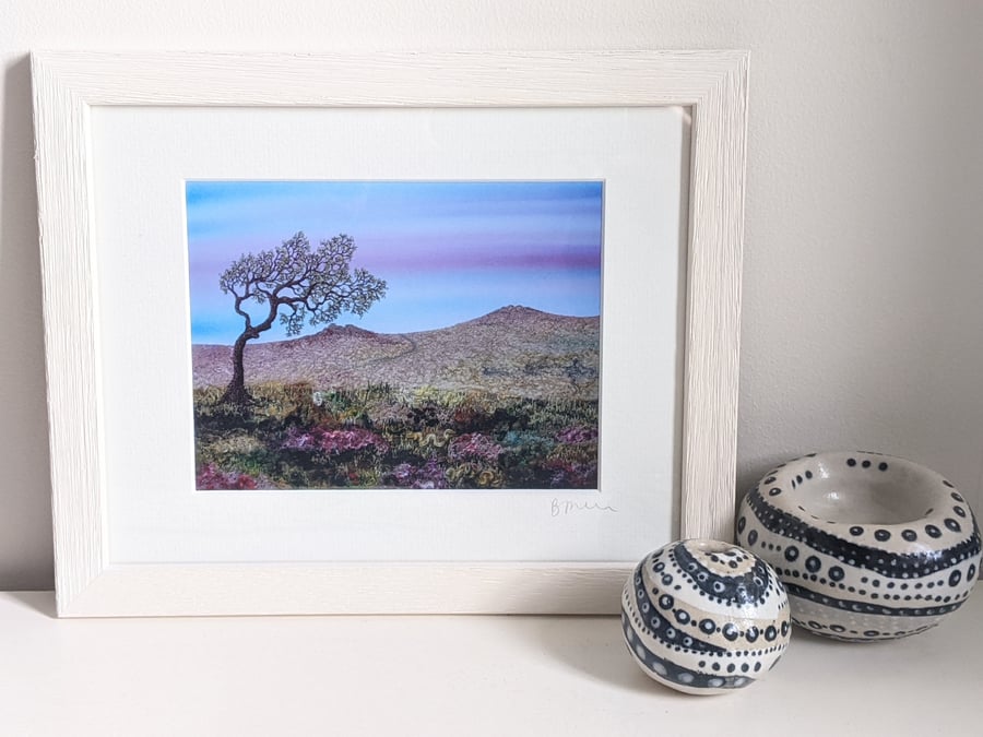 Saddle Tor and Rippon Tor, Dartmoor, framed print, embroidered textile art