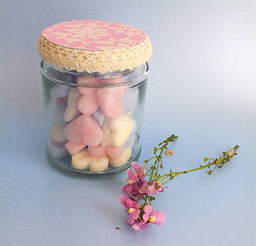 Jar of Hearts - Colourful Sugar Hearts in Glass Jar With Vintage Style Lid 
