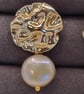 Gold Ripple Effect Earrings with Pearl Coin Accent - Image 2