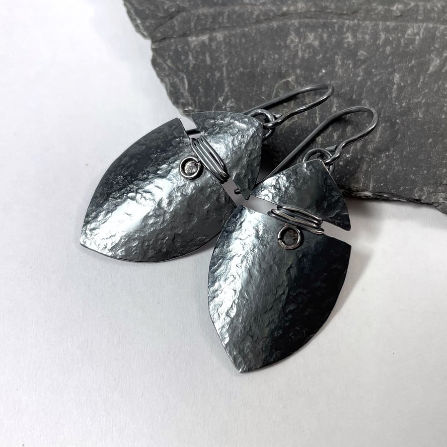 Oxidised sterling silver tribal shield earrings