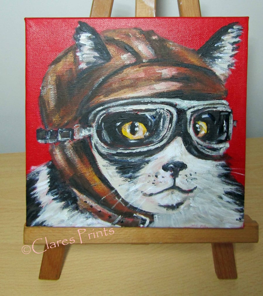 Flying Tuxedo Cat Art Original Acrylic Painting on Canvas Steampunk Retro 