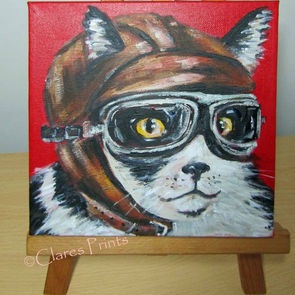 Flying Tuxedo Cat Art Original Acrylic Painting on Canvas Steampunk Retro 