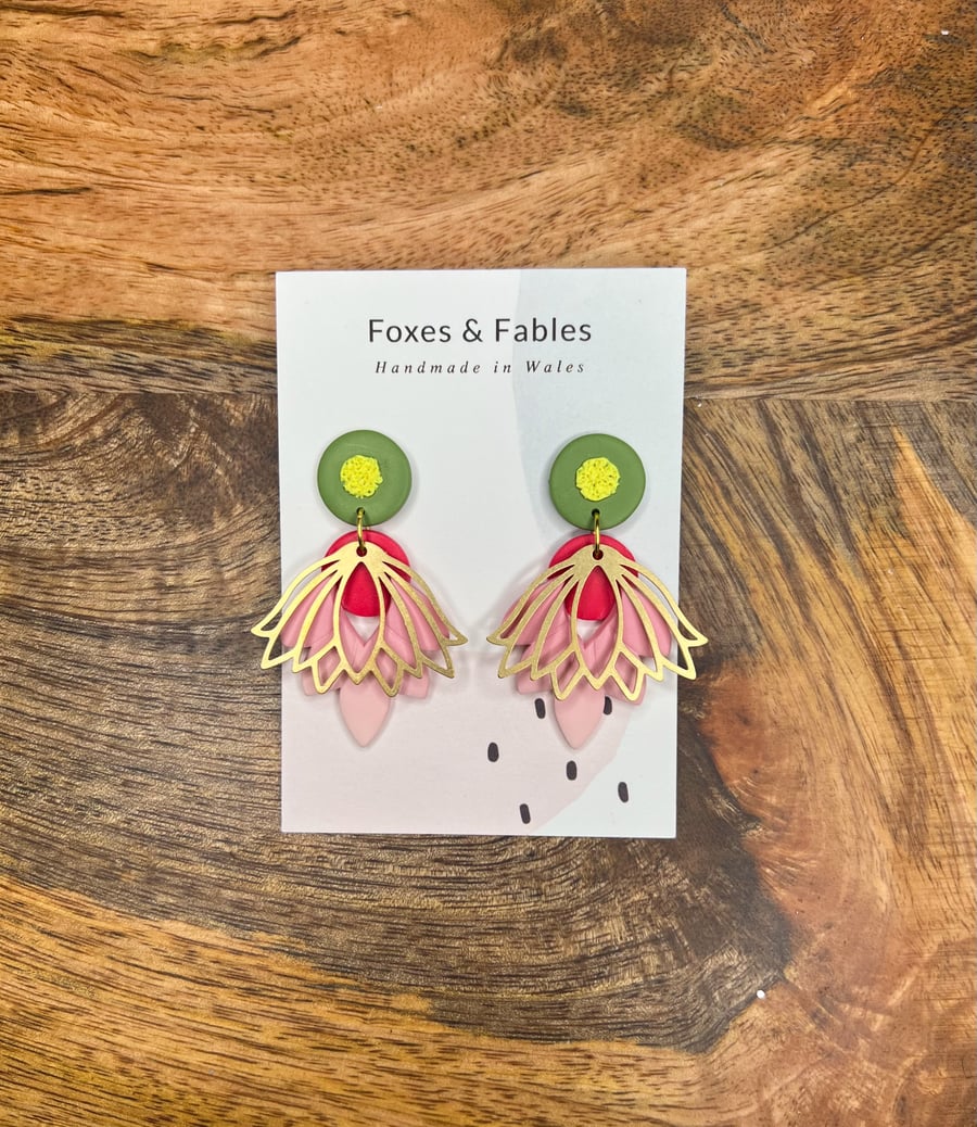Lotus Flower Statement Earrings with Brass Charms