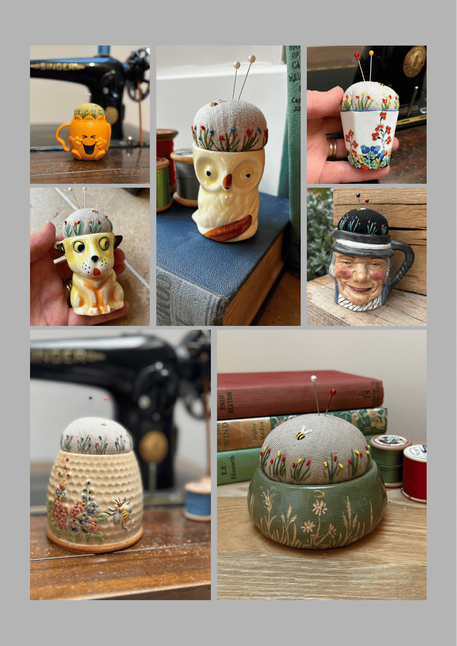  Bespoke Pincushion from your own china item - embroidered flowers and bee