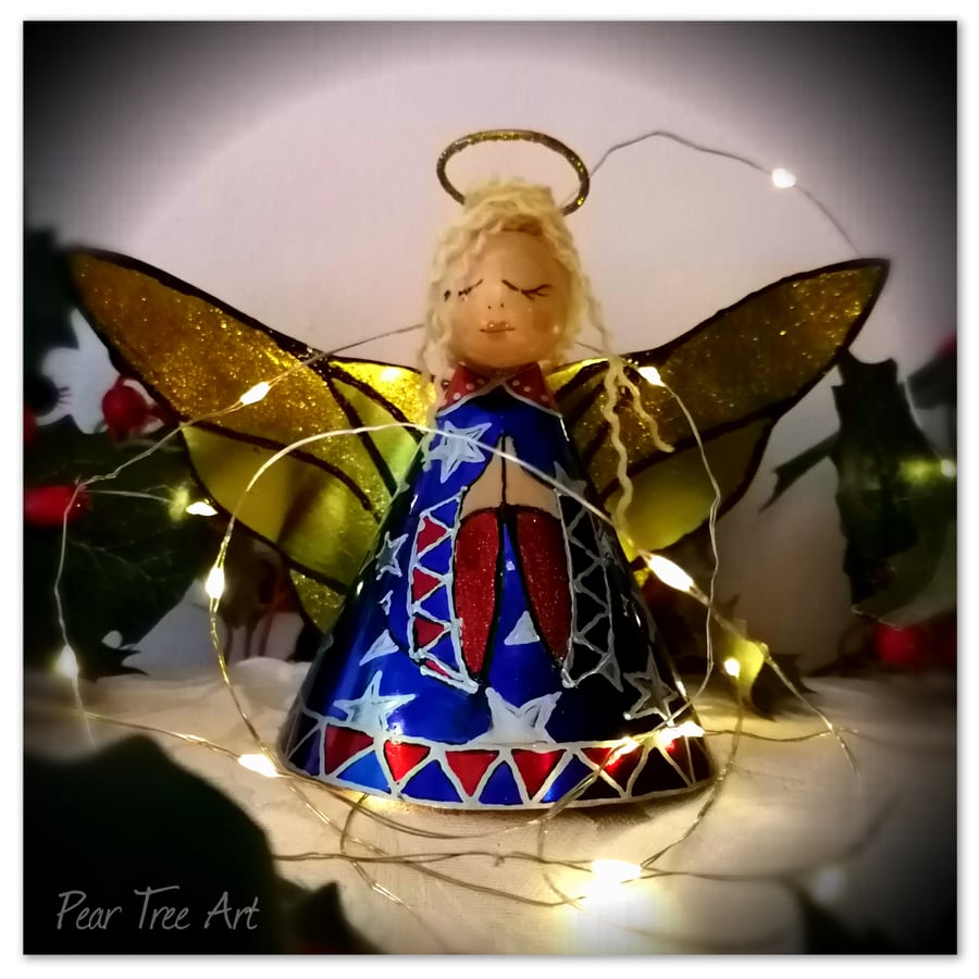 Large: Blue Coffee Tin Angel Christmas tree topper