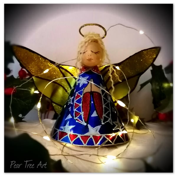 Large: Blue Coffee Tin Angel Christmas tree topper